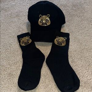 Black Hat and Socks Set with Gold Glitter Bear Design